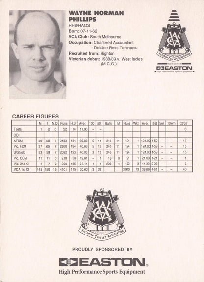 Wayne Phillips Vintage Australia RARE 1992 VCA Easton Cricket Trade Postcard