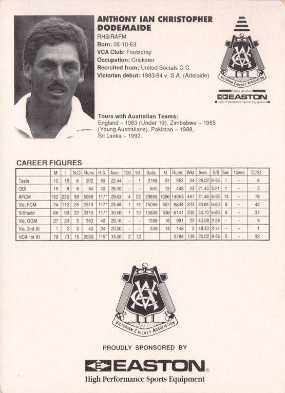 Tony Dodemaide Vintage Australia RARE 1992 VCA Easton Cricket Trade Postcard