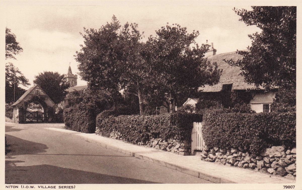 Thatched Cottage & Church at Niton Isle Of Wight Antique Photocrom Postcard
