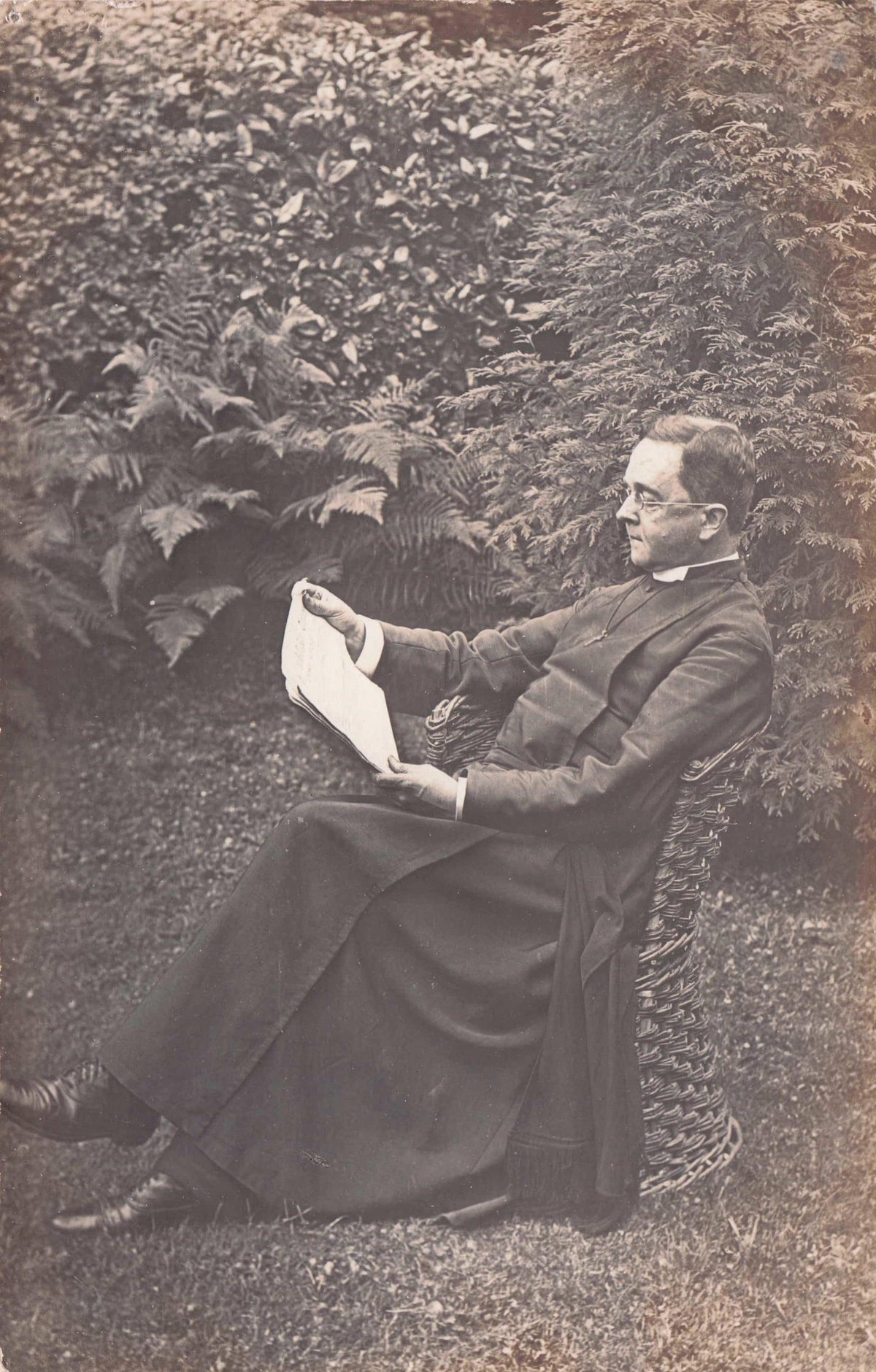 Vicar Priest Reading Book In Garden Corner Antique Real Photo Postcard