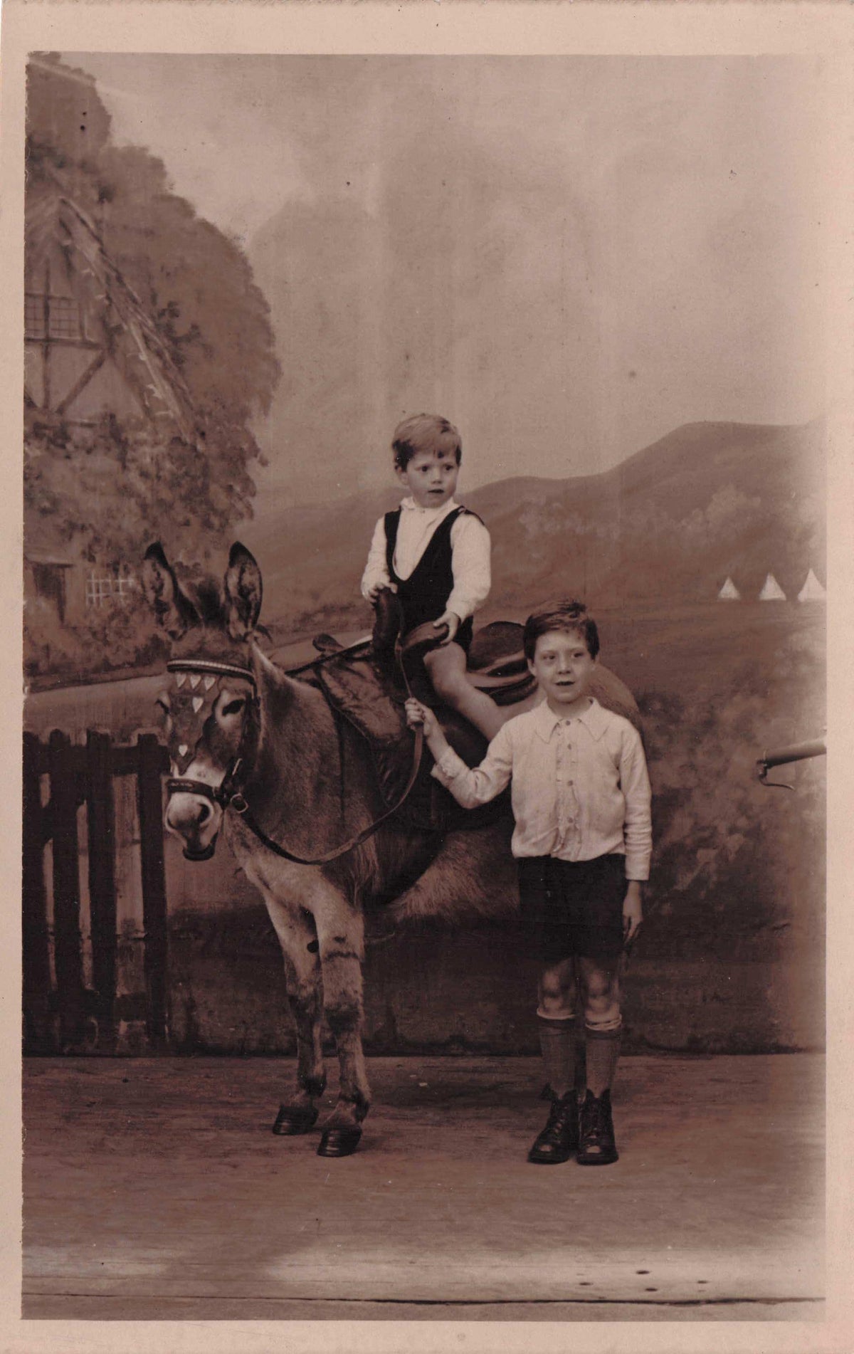 Nervous Boy At Real Blackpool Photo Studio Pony Horse Ride Antique Postcard