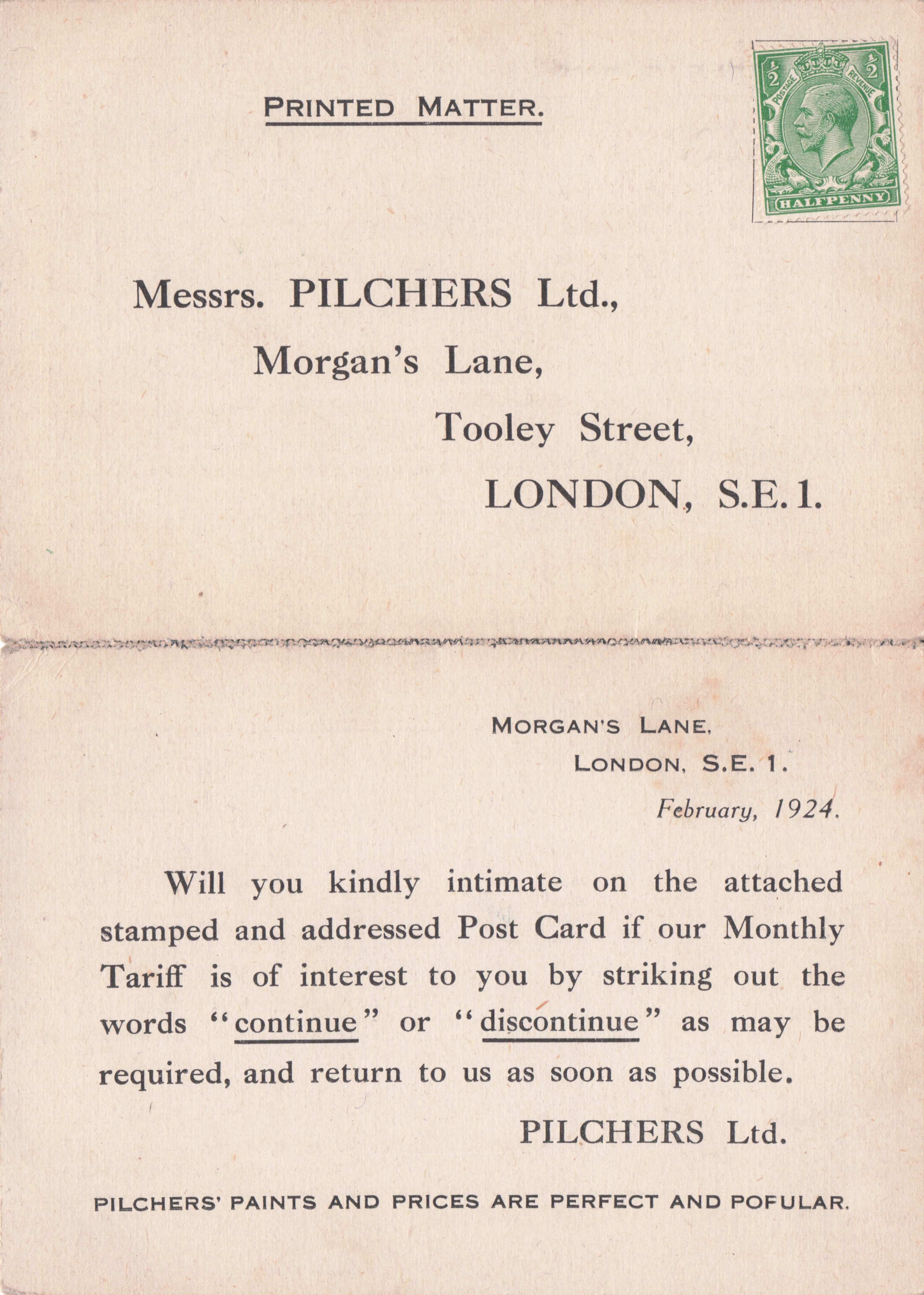 Pilchers Paints Tooley Street London 1920s Antique Tarriff Advertising Old Card
