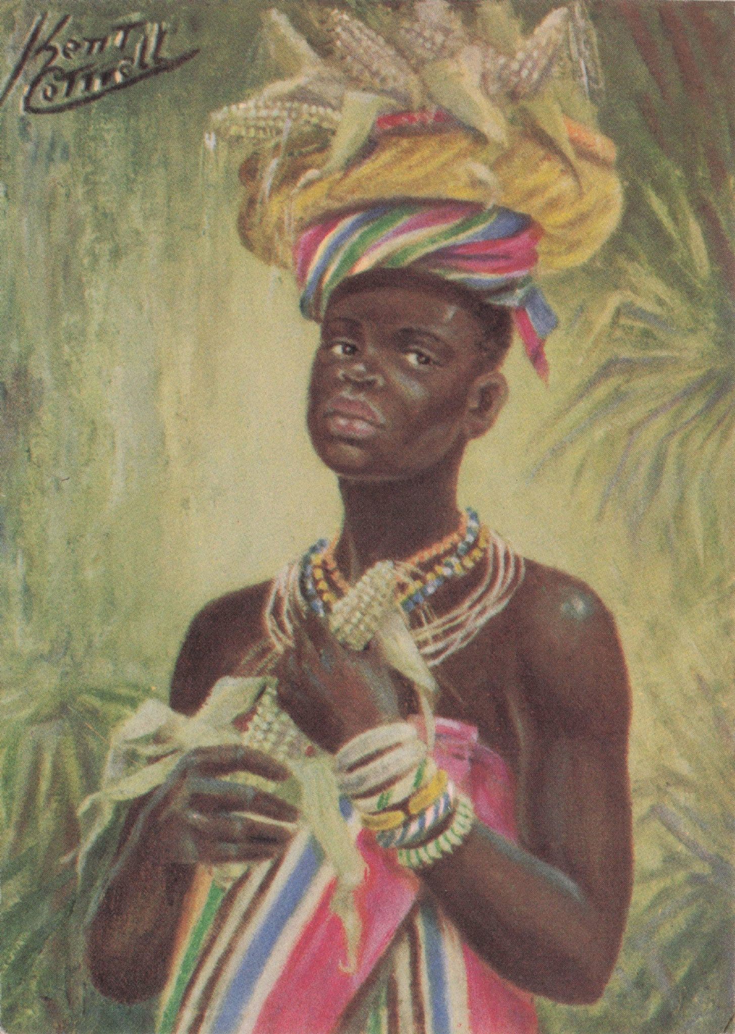 South African Lady Giant Hat Big Necklace Ethnic Painting Old Postcard