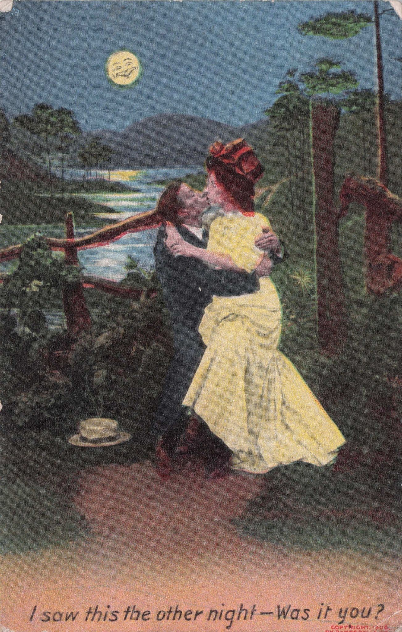 Spooning I Saw This The Other Night Moon Shaped Man Love Old Postcard