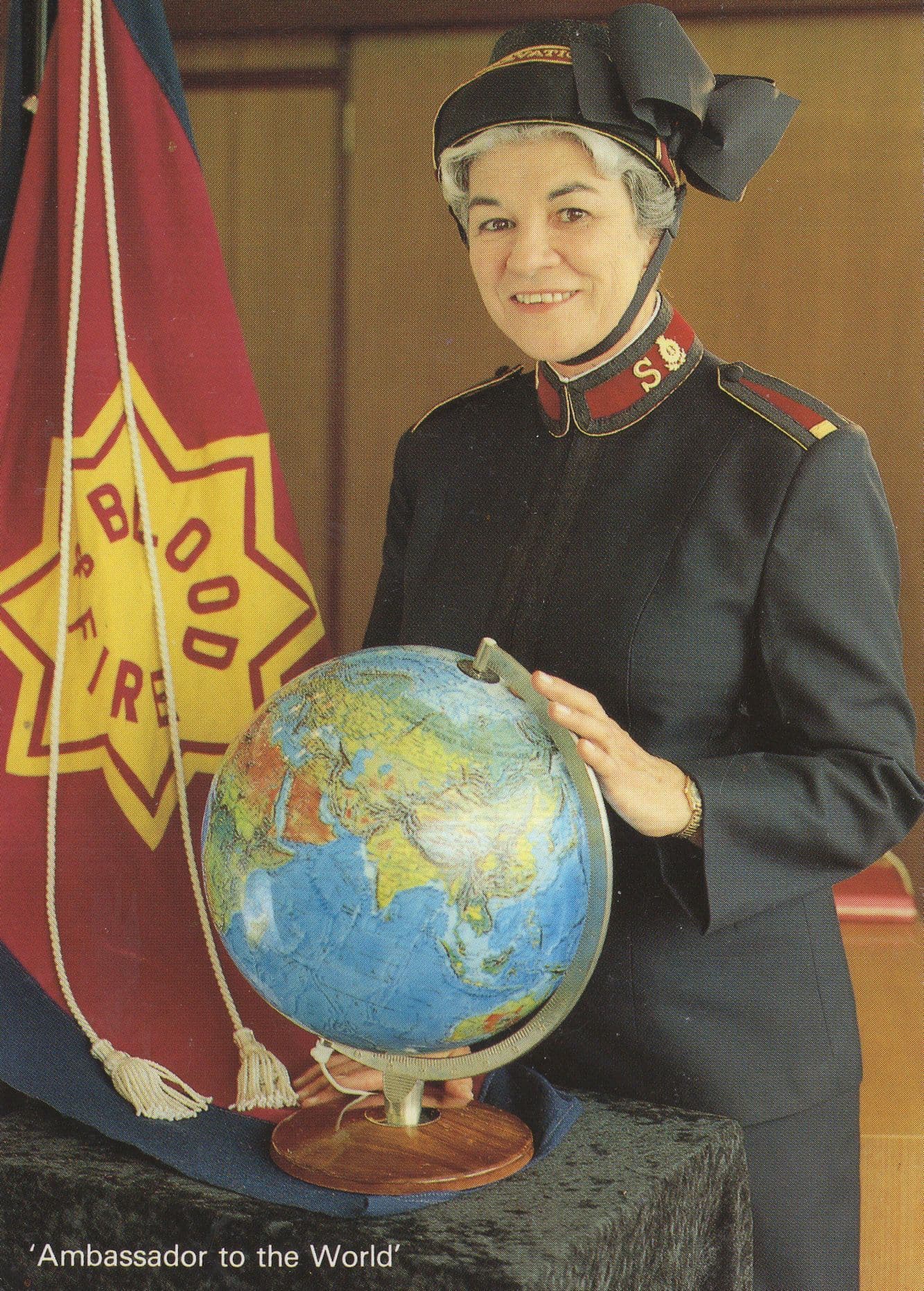 The Salvation Army Eva Burrows Spinning Globe Map 1980s Rare Postcard