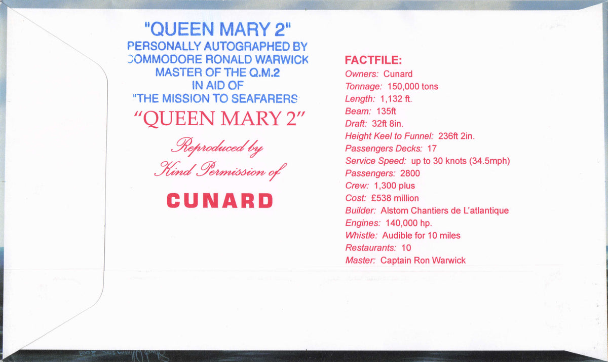 Queen Mary 2 Cunard Ship Maiden Voyage Ronald Warwick Rare Hand Signed FDC