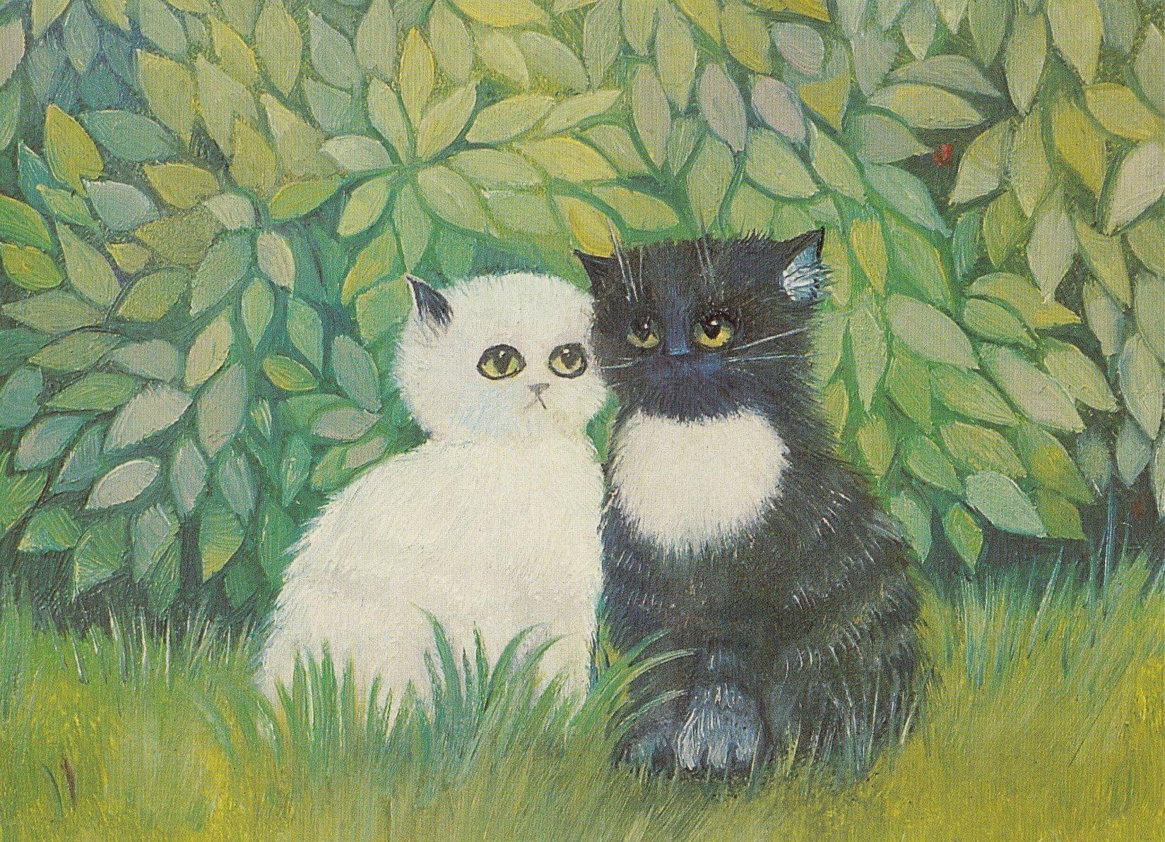 White & Black Cats In Love Austria Cat Garden Painting Postcard