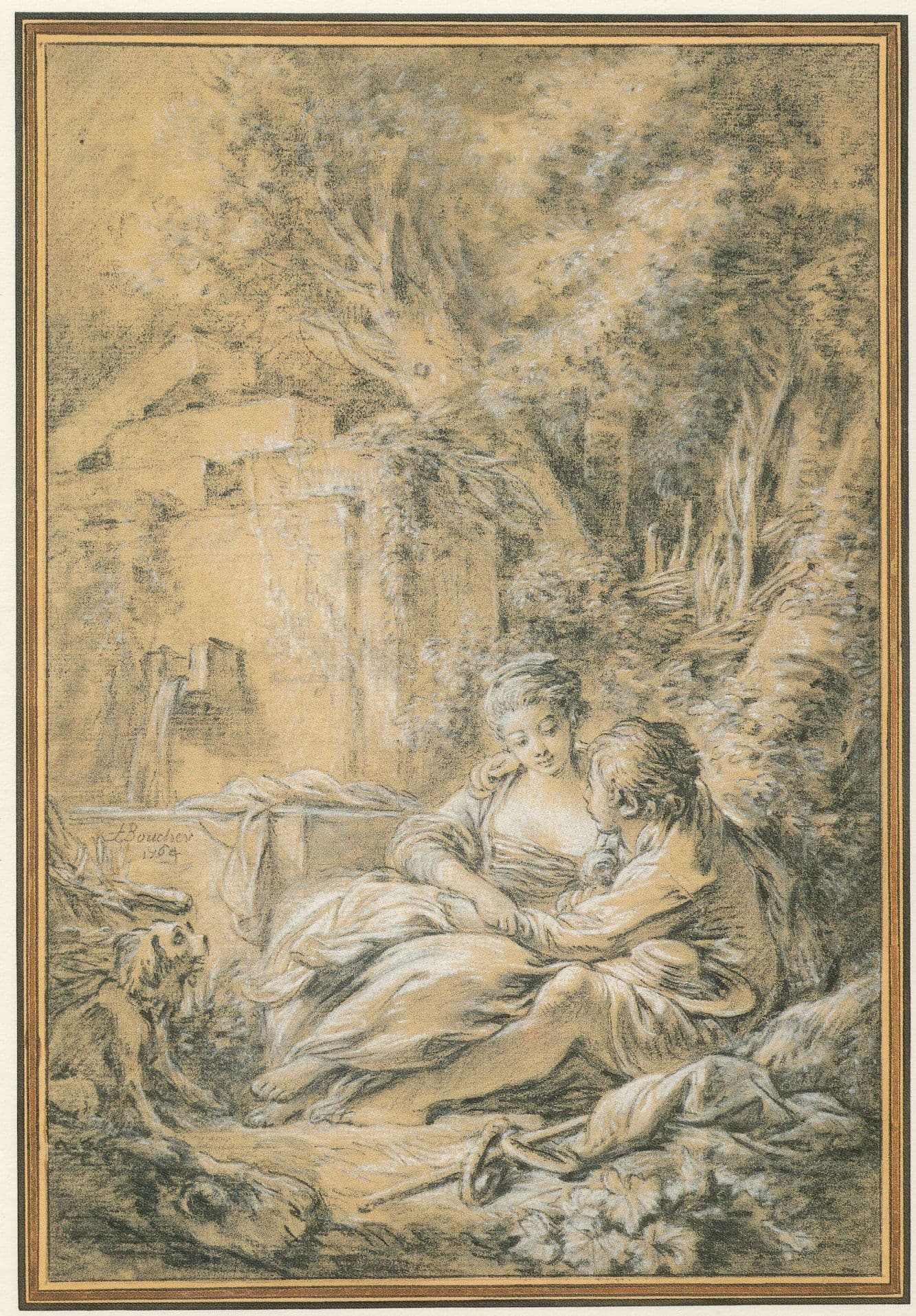Francois Bucher Boucher Tete A Tete 1764 Black Chalk Painting Postcard