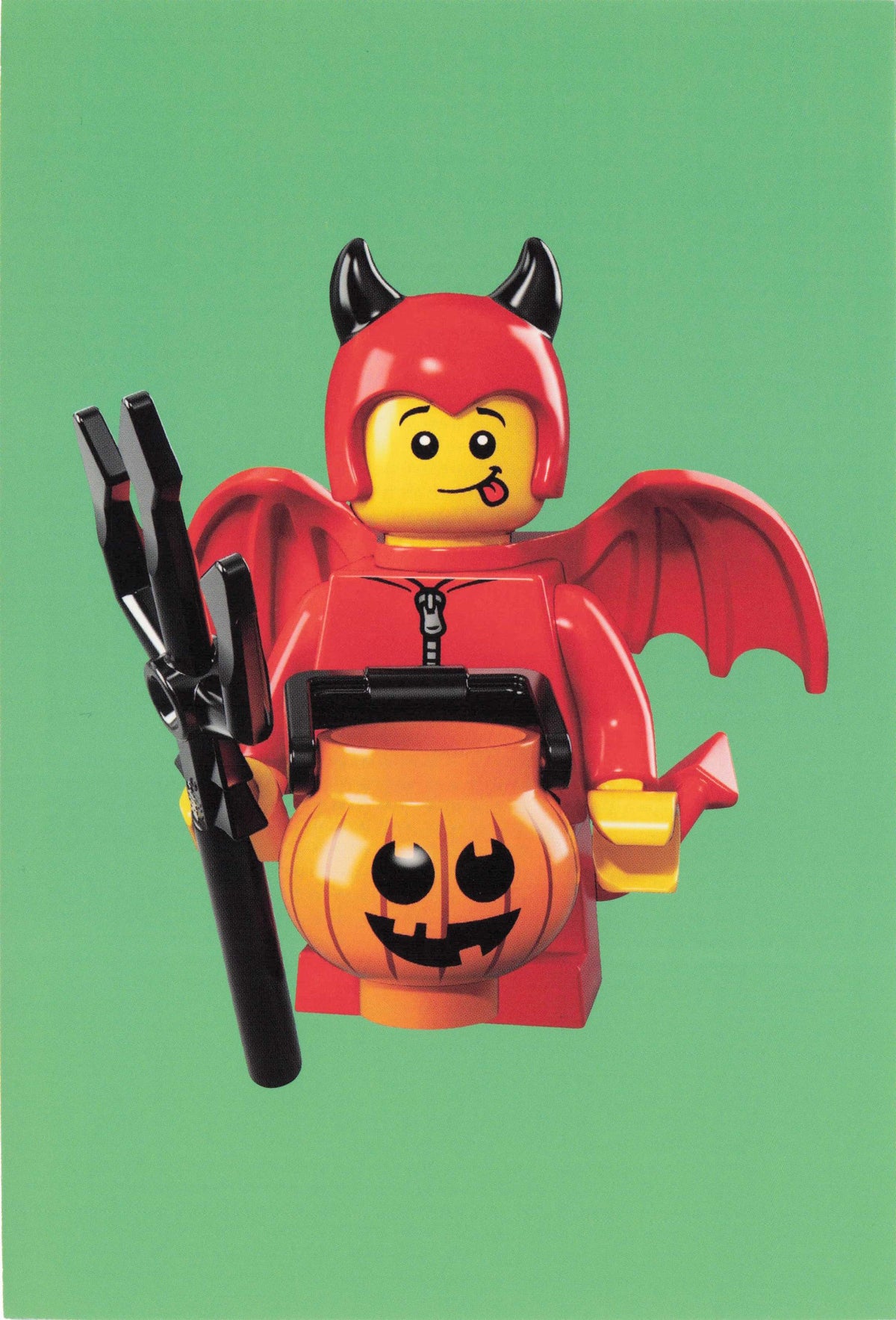 Cute Demon Red Devil Horror Toy Lego Model Halloween Pumpkin Quotation Postcard