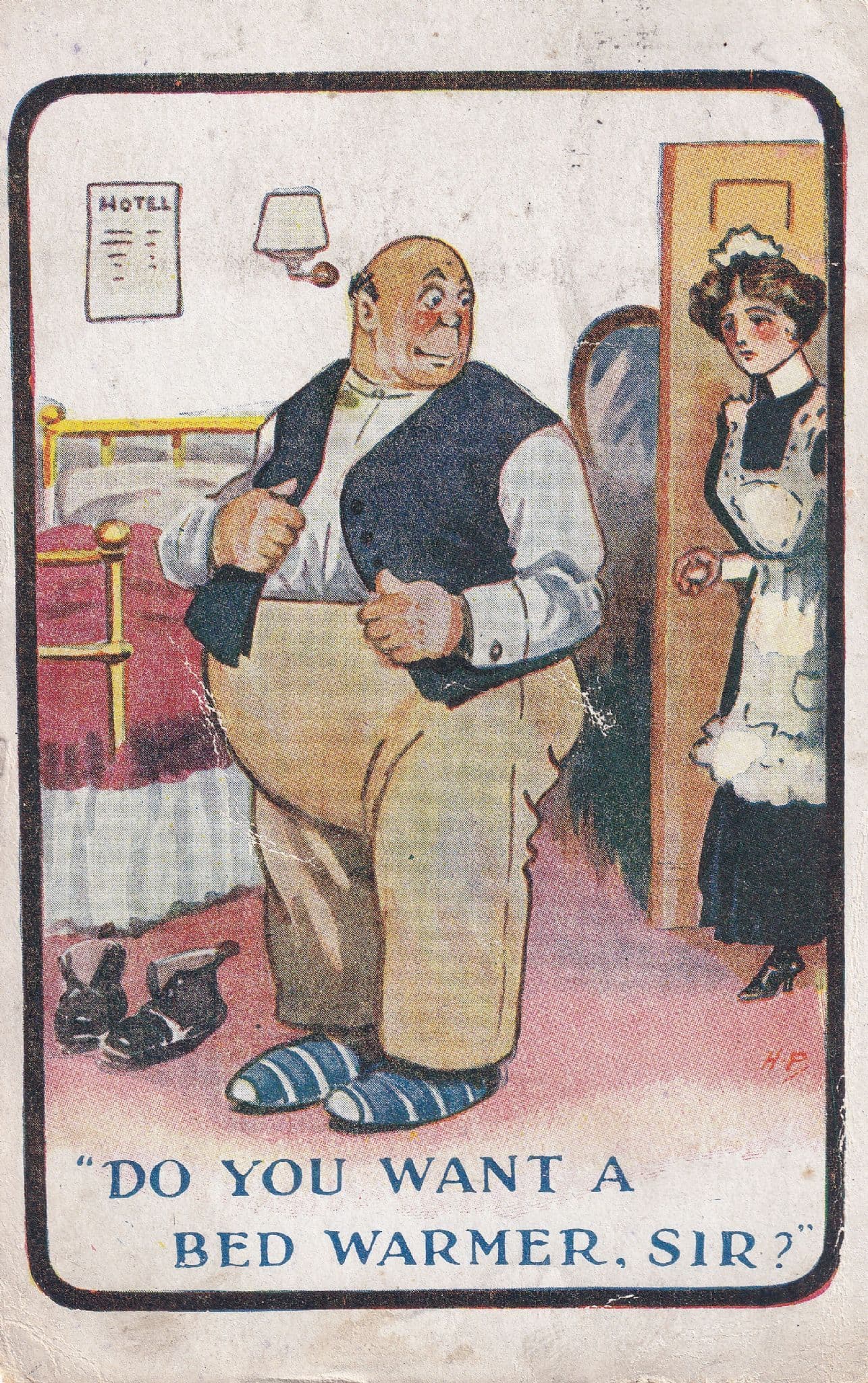 French Maid Bed Warmer Sexy Bedroom Hotel Antique Comic Postcard
