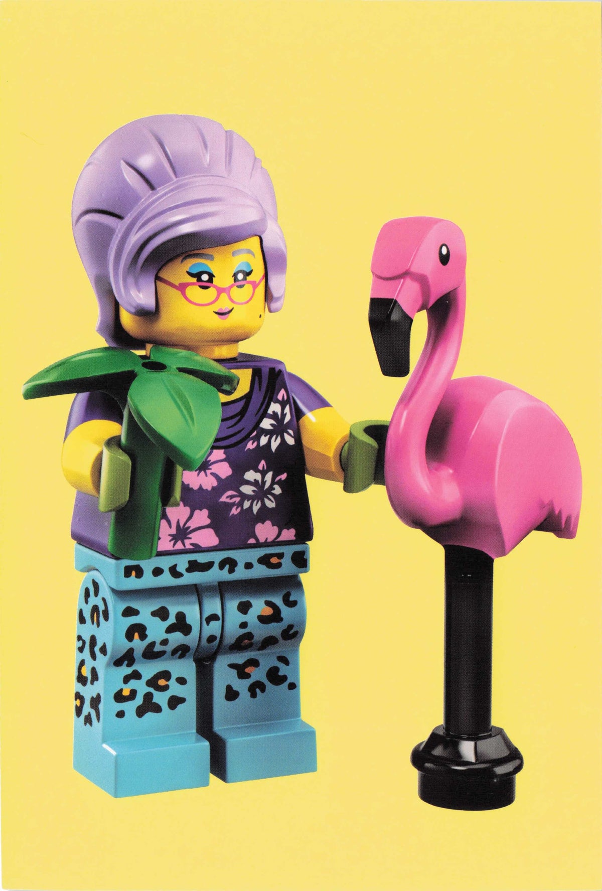 Toy Gardener Old Lady Model & Pink Flamingo Gardening Lego Quotation Postcrd