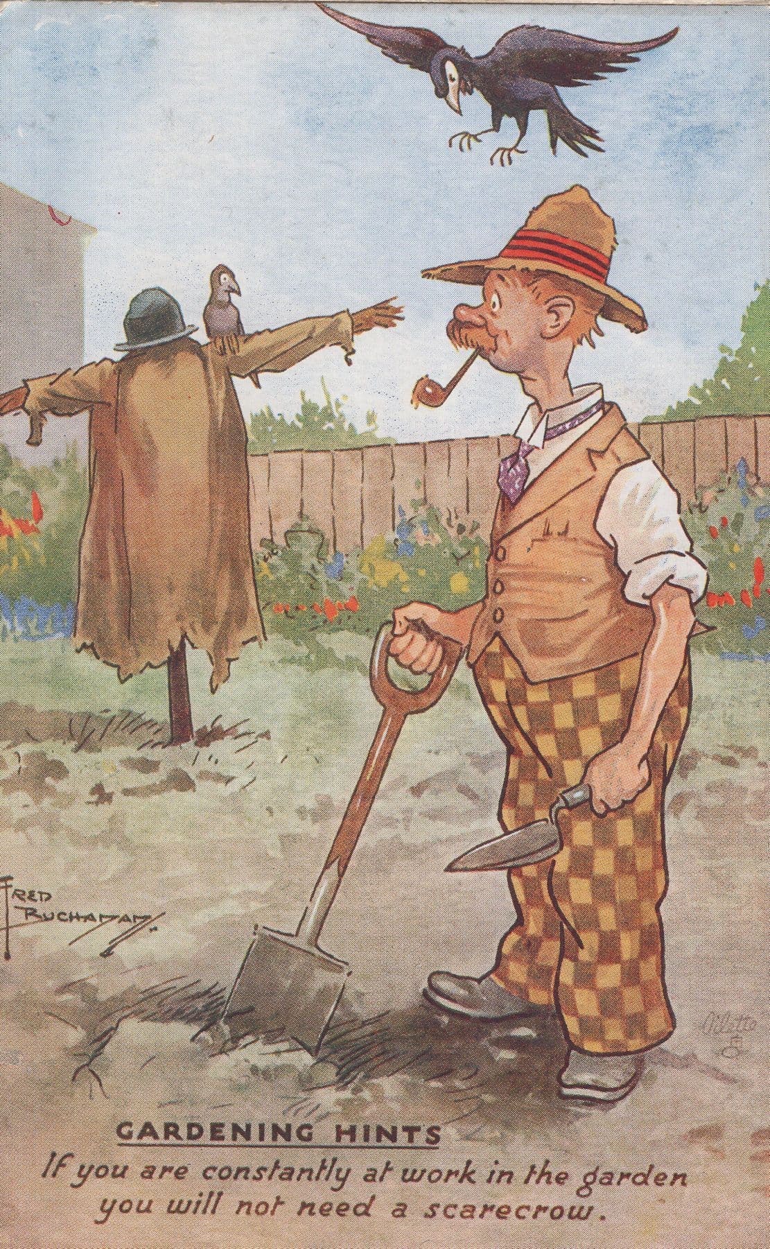 Gardening Hints Scarecrow Pipe Smoking Birds Old Tucks Postcard