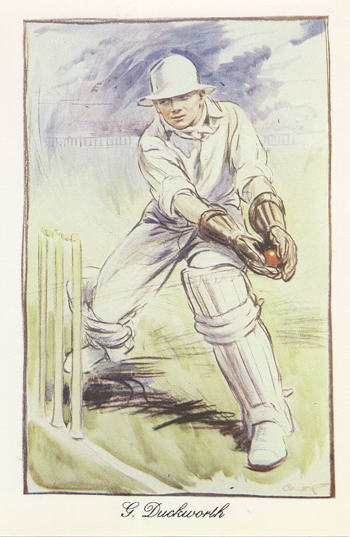 George Duckworth Lancashire England Cricket Painting Postcard