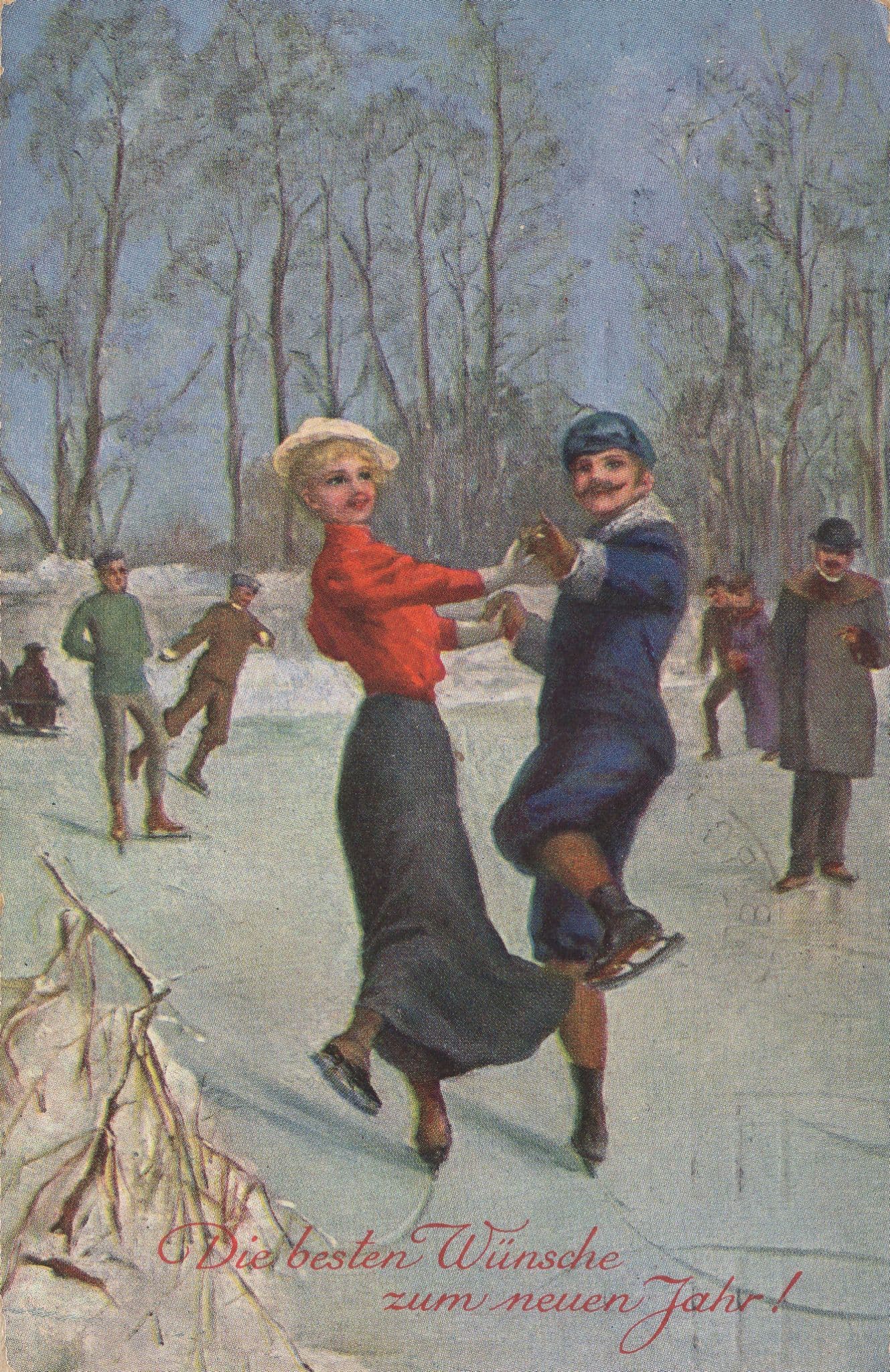 German Antique Ice Skating Dancing Greetings Old Germany Postcard