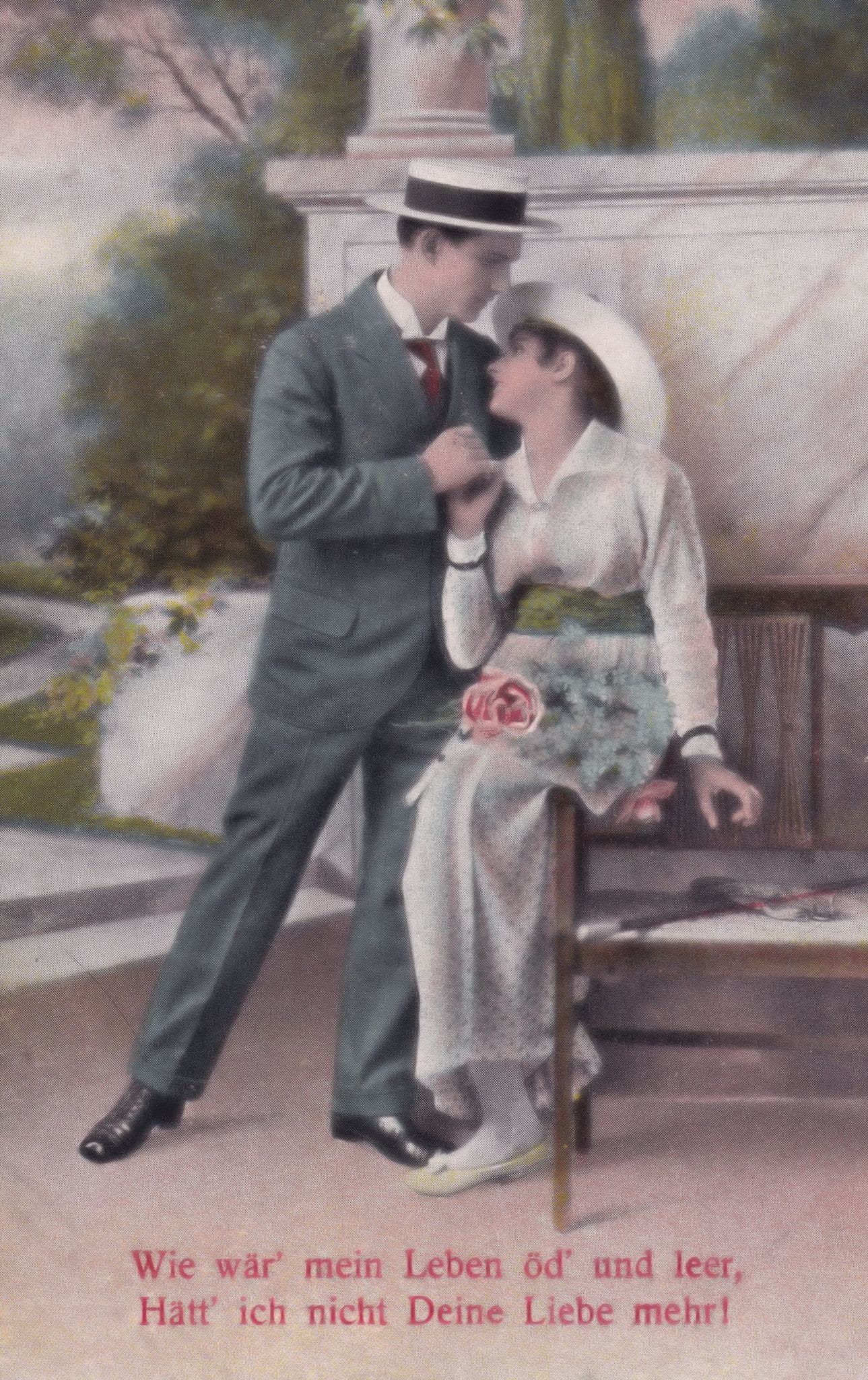 German Romance Antique Park Bench Summer Love Postcard