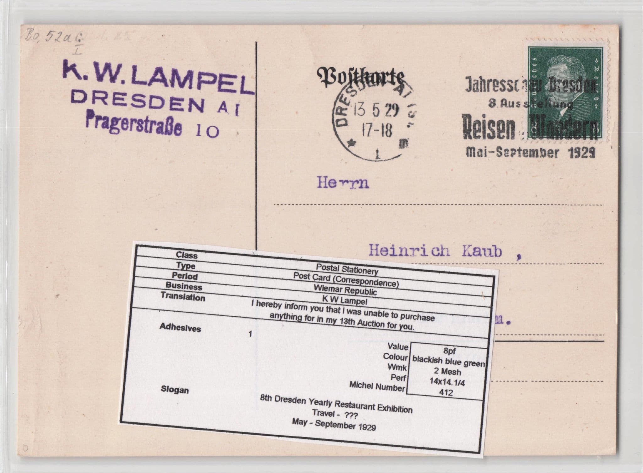 1929 Dresden Restaurant Exhibition Germany Old History Postcard