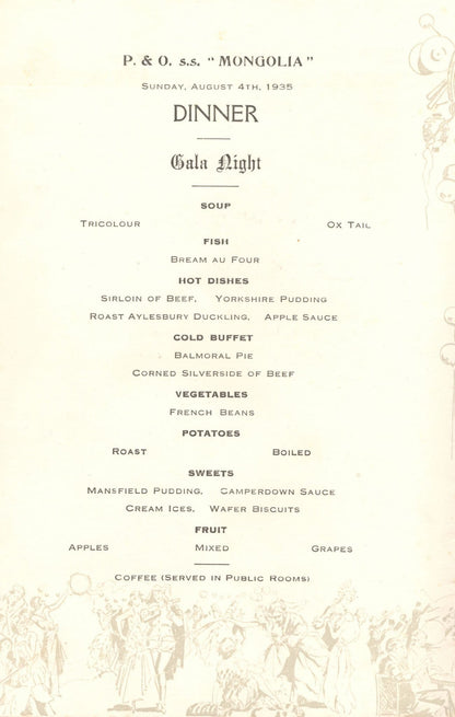 1935 P&O SS Mongolia Cruise Ship Commander Crew Hand Signed Gala Menu