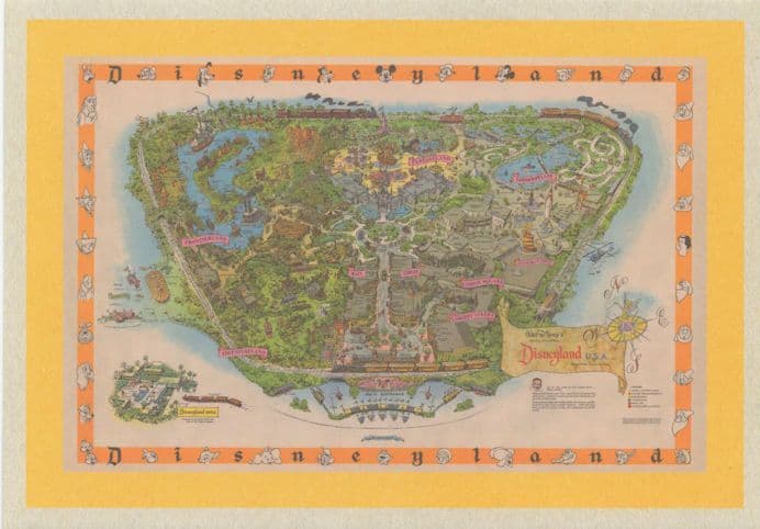 1950s Old Map Of Disneyland Vintage Theme Park Walt Disney Postcard
