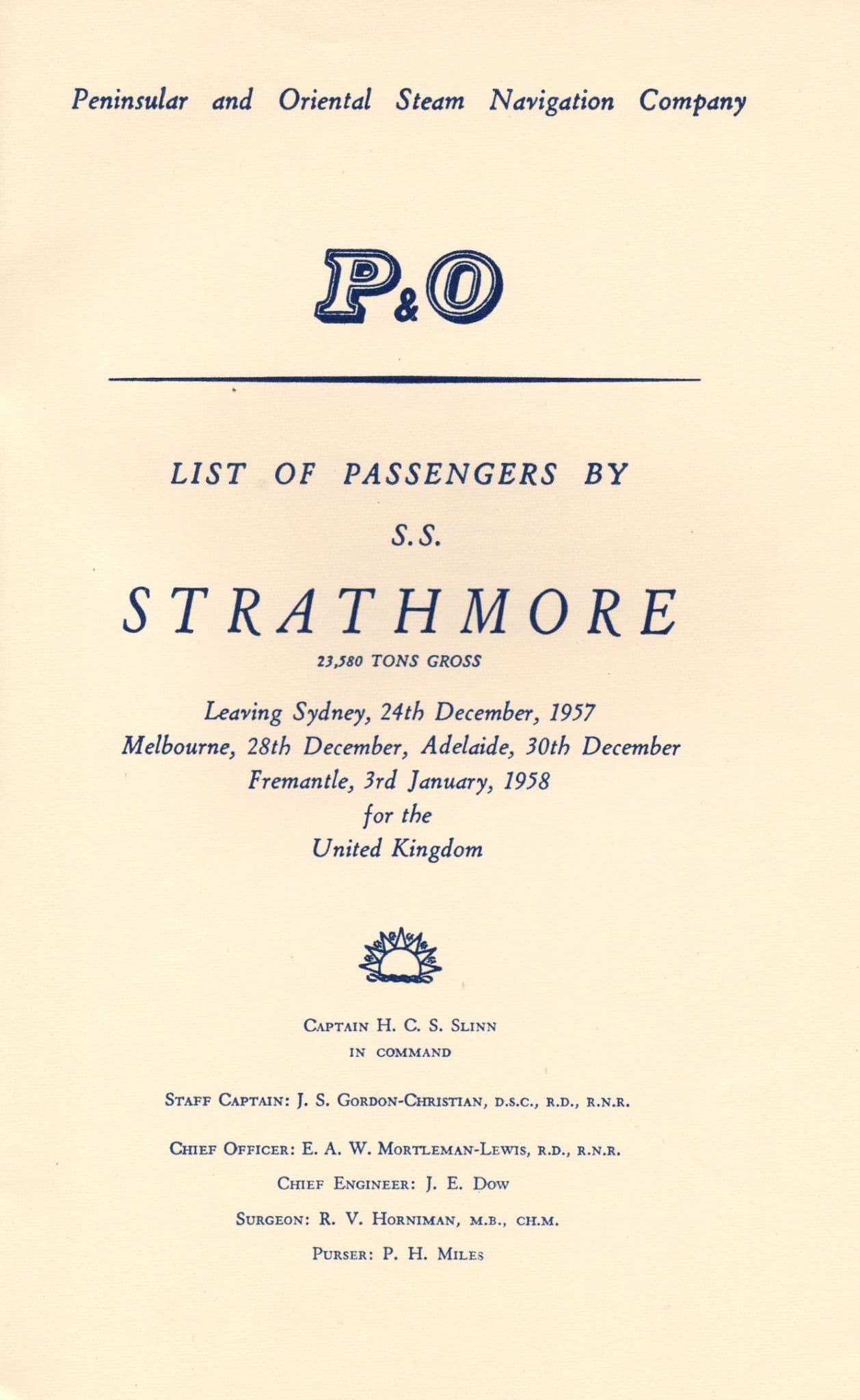 1957 SS Strathmore Oriental Steam Navigation Company P&O Passenger List