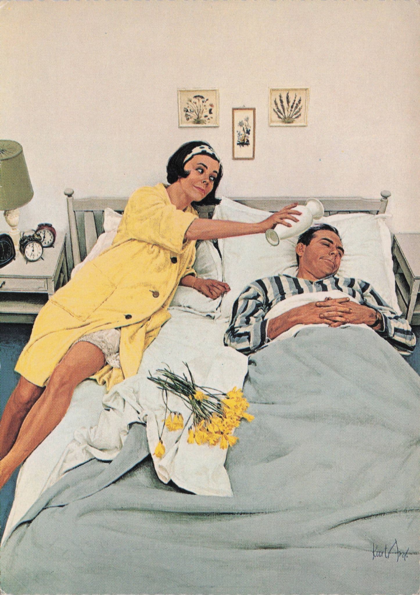 1960s American Family Woman Alarm Call Water Prank Romance Postcard