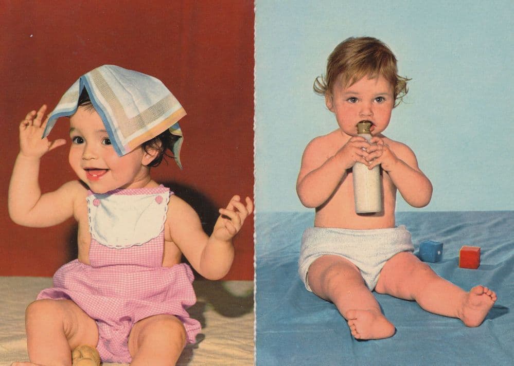 1960s Baby Pint Of Milk Bottle Handkerchief On Head 2x Postcard s