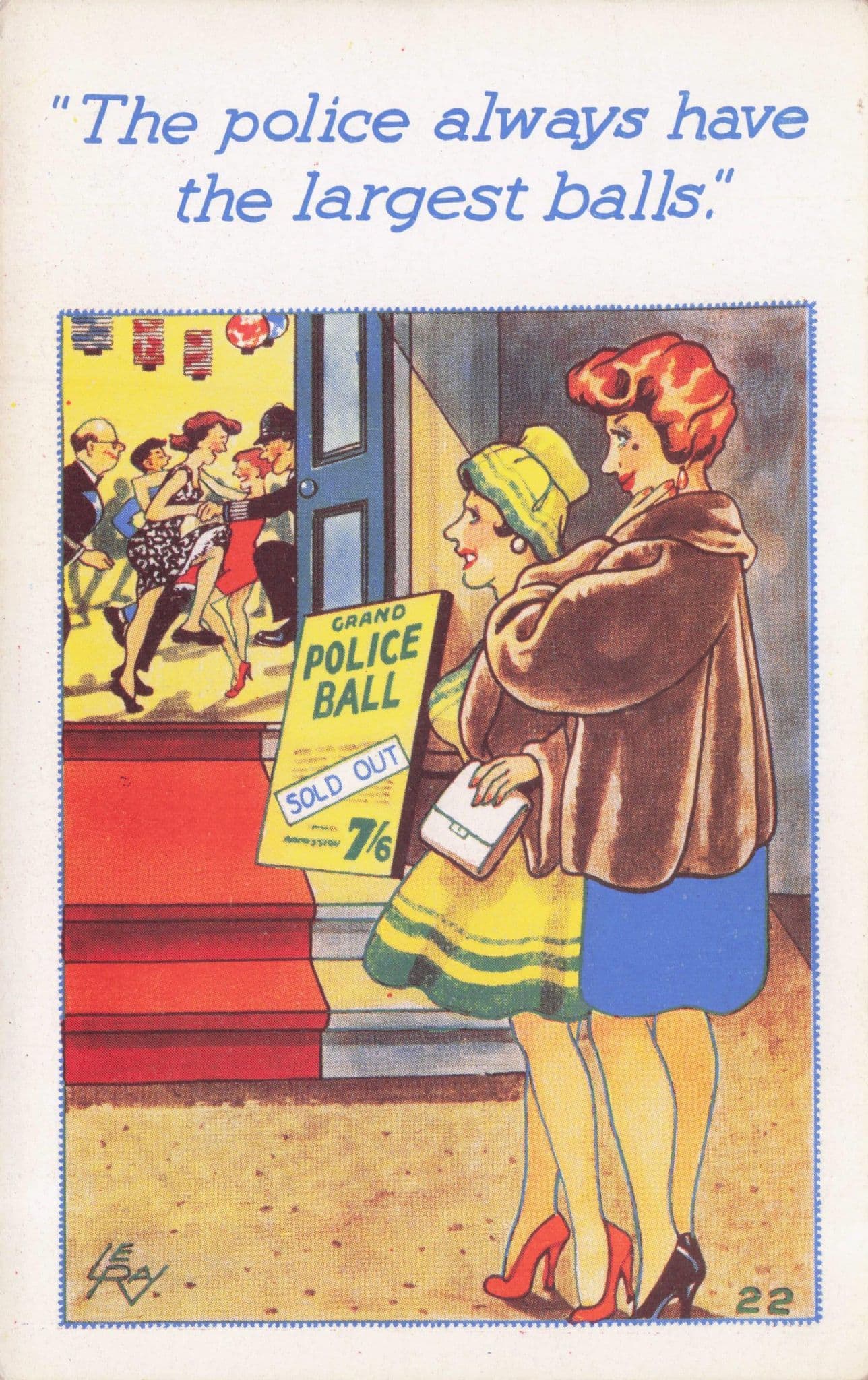1960s Police Ball Policeman Sexy Fur Coat Lady Comic Old Postcard