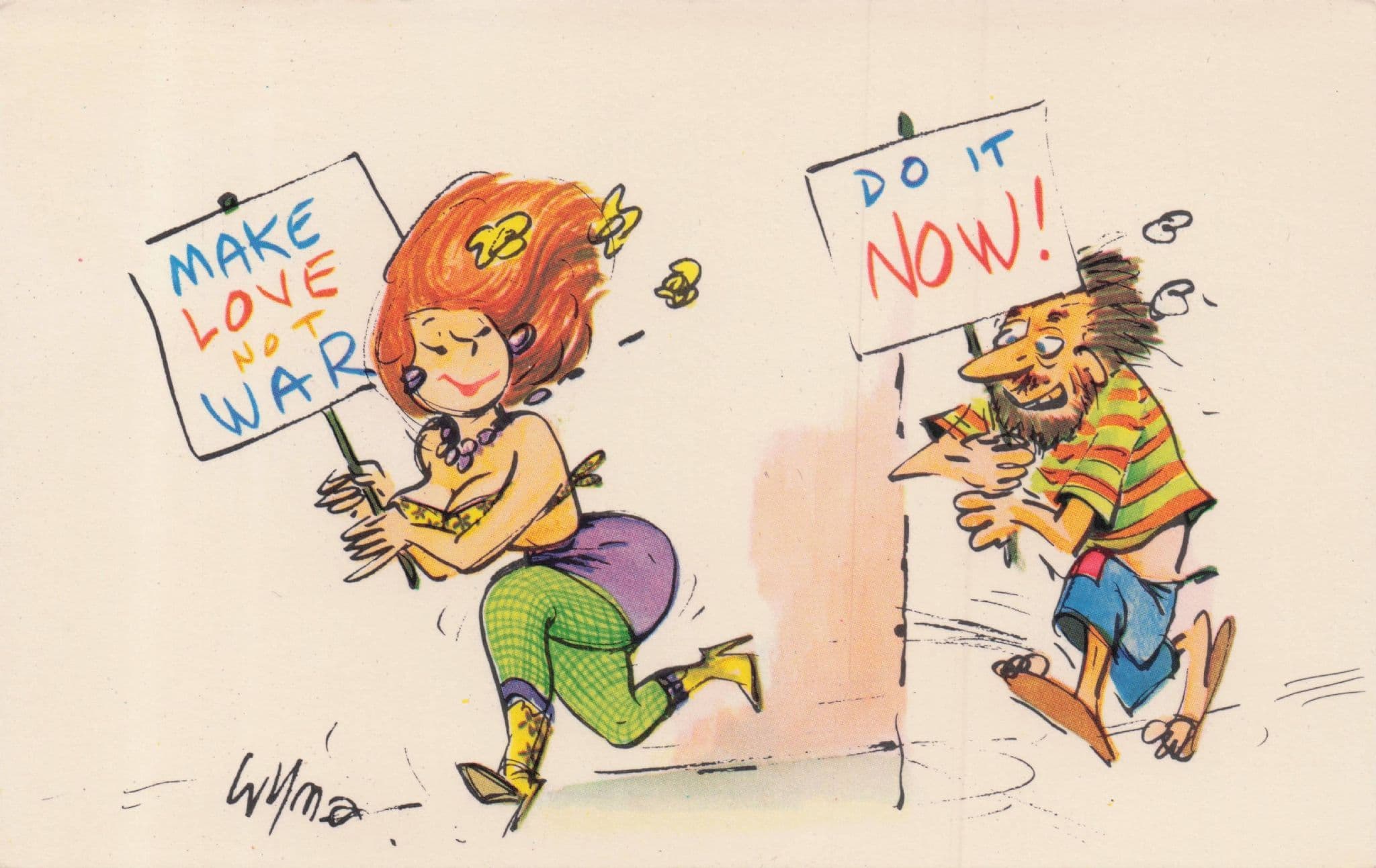 1970s Hippy Make Love Not War Political Protesters Comic Postcard
