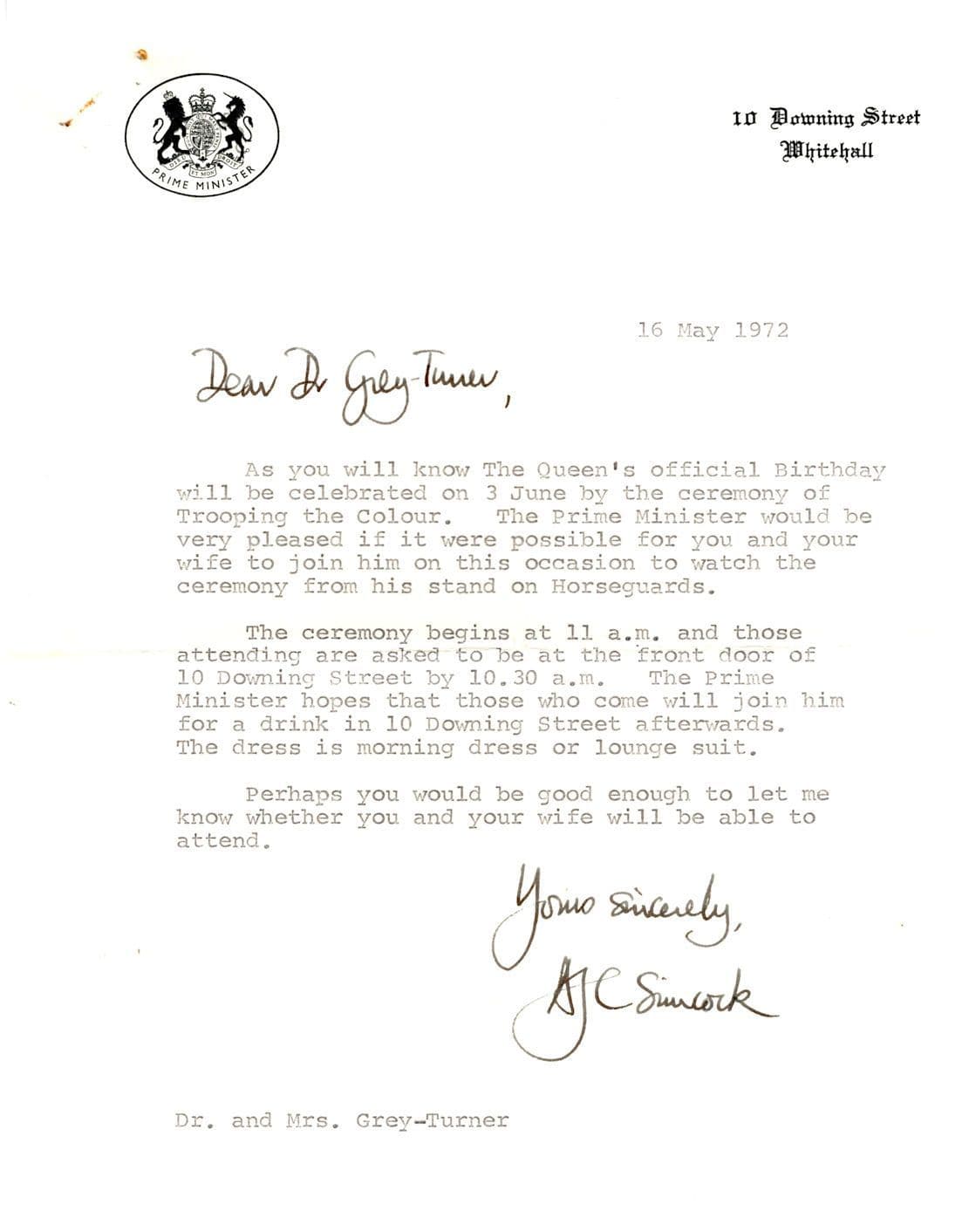1972 Trooping The Colour 10 Downing Street Hand Signed Letter
