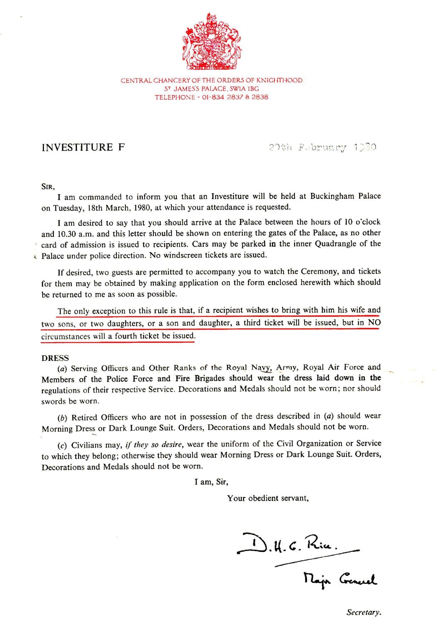 1980 Knighthood Investiture Private Letter London Palace Invitation