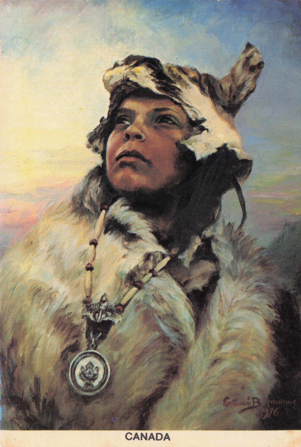 Canadian Native American Canada India Medal Chain Coat Painting Postcard