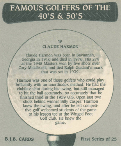 Claude Harmon Famous Golfers Of The 40s & 50s Rare Golf Photo Trade Card