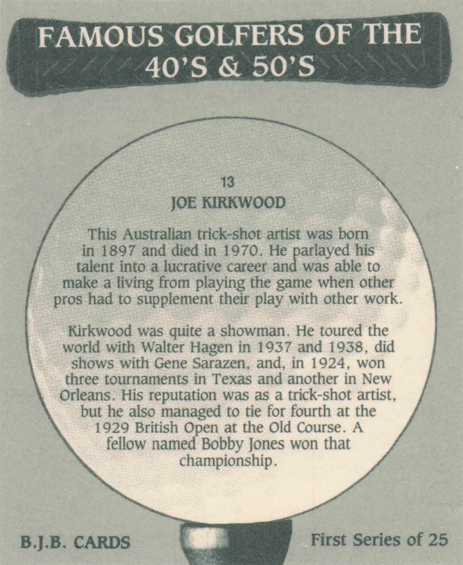 Joe Kirkwood Famous Golfers Of The 40s & 50s Rare Golf Photo Trade Card
