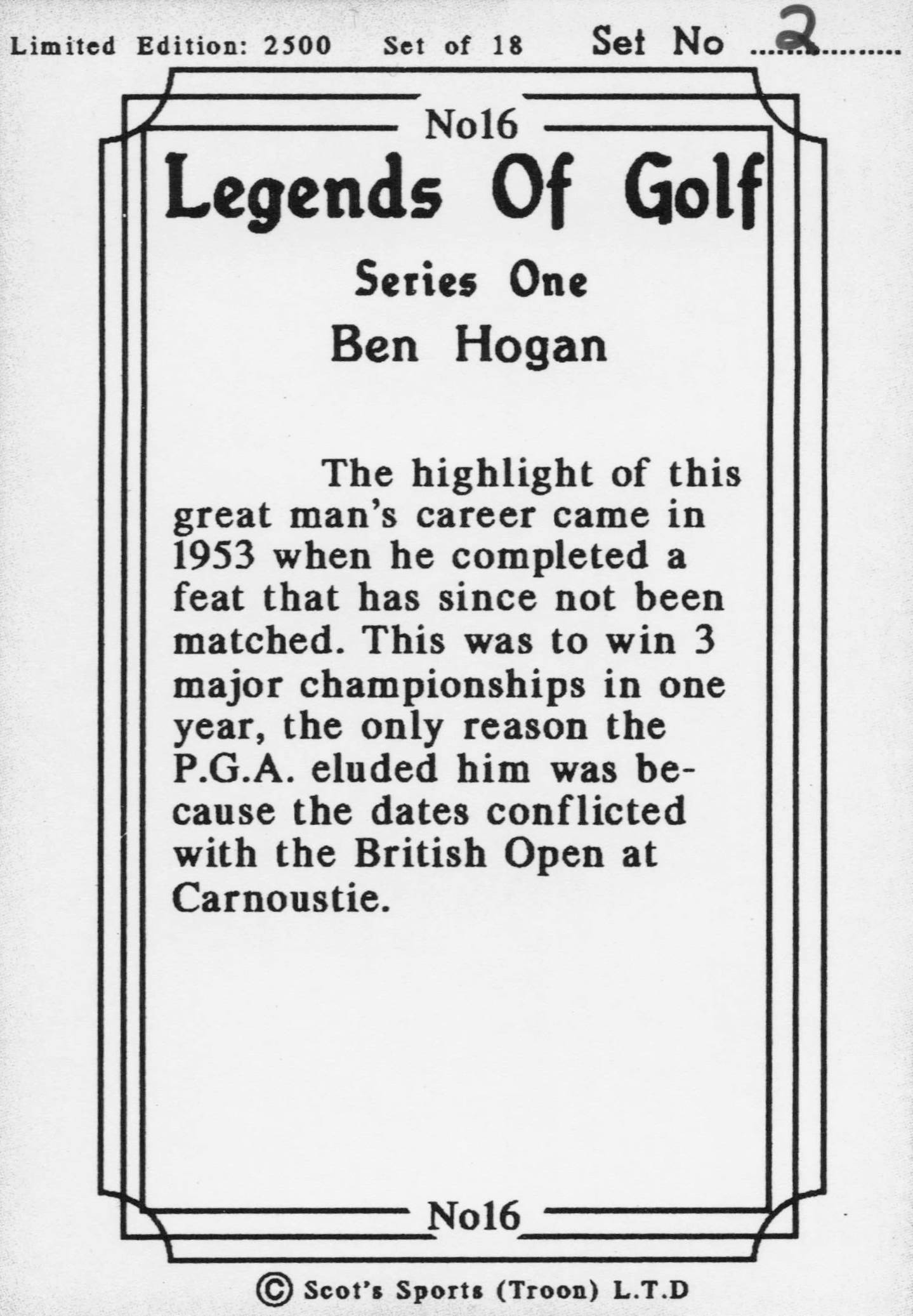 Ben Hogan 1953 Majors Opens Wins Legends Of Golf Trade Card