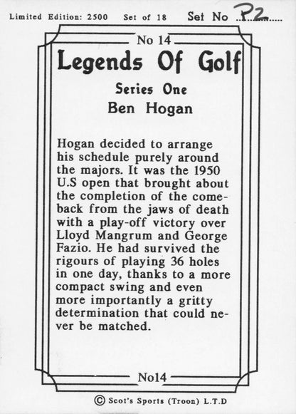 Ben Hogan 1950 USA Open Victory Legends Of Golf Trade Card