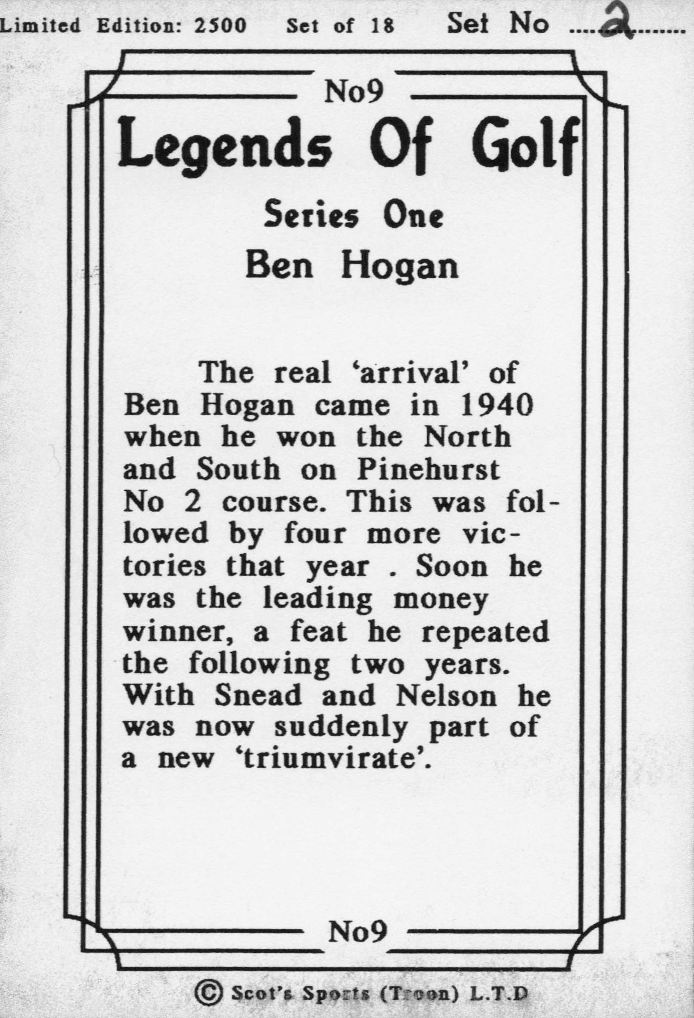 Ben Hogan In WW2 Wins 1940s Victory Legends Of Golf Trade Card