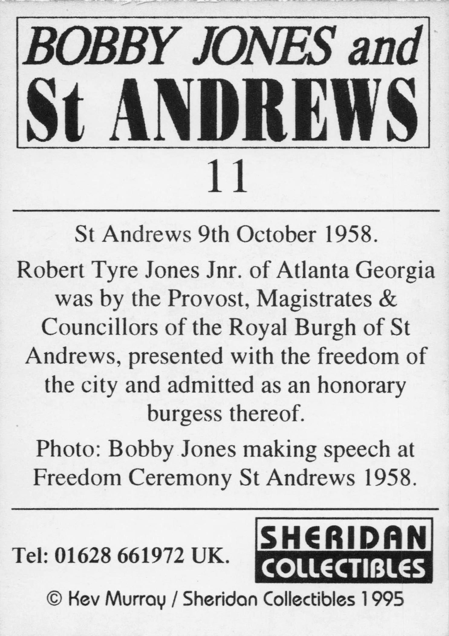 Bobby Jones USA Golf & St Andrews Course 1958 Speech Trade Card