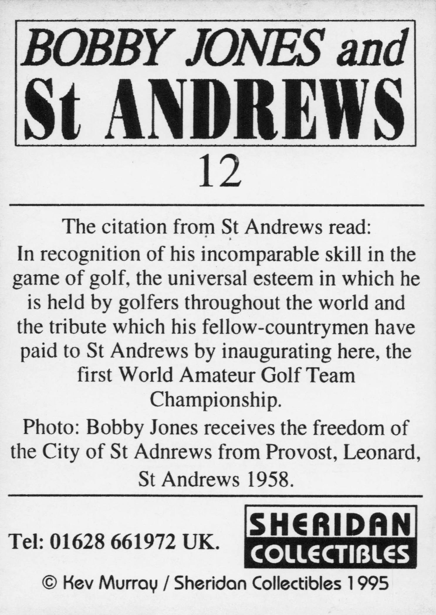 Bobby Jones USA Golf & St Andrews Course 1958 Presentation Trade Card