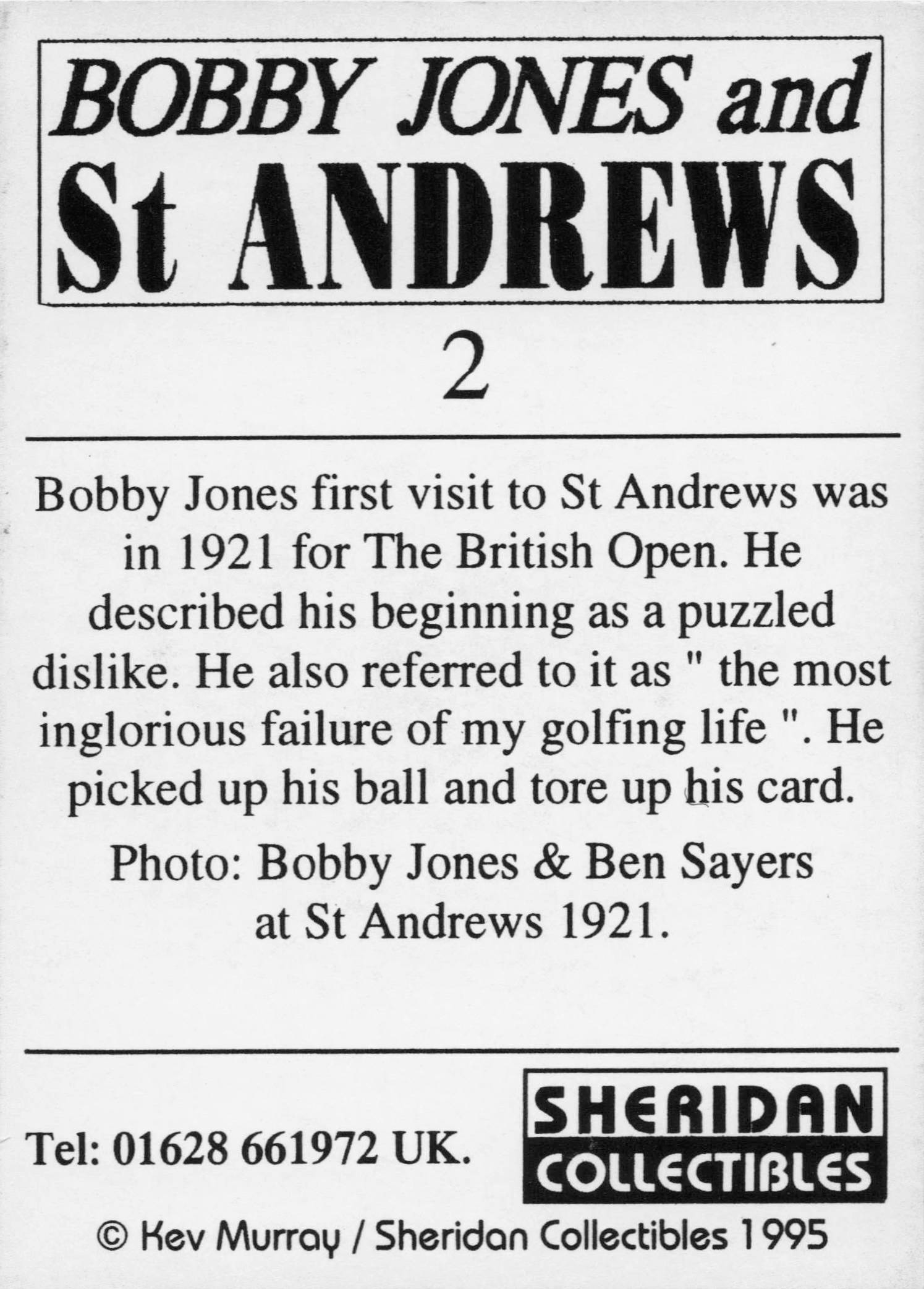 Bobby Jones USA Golf & St Andrews Course Ben Sayers 1921 Trade Card