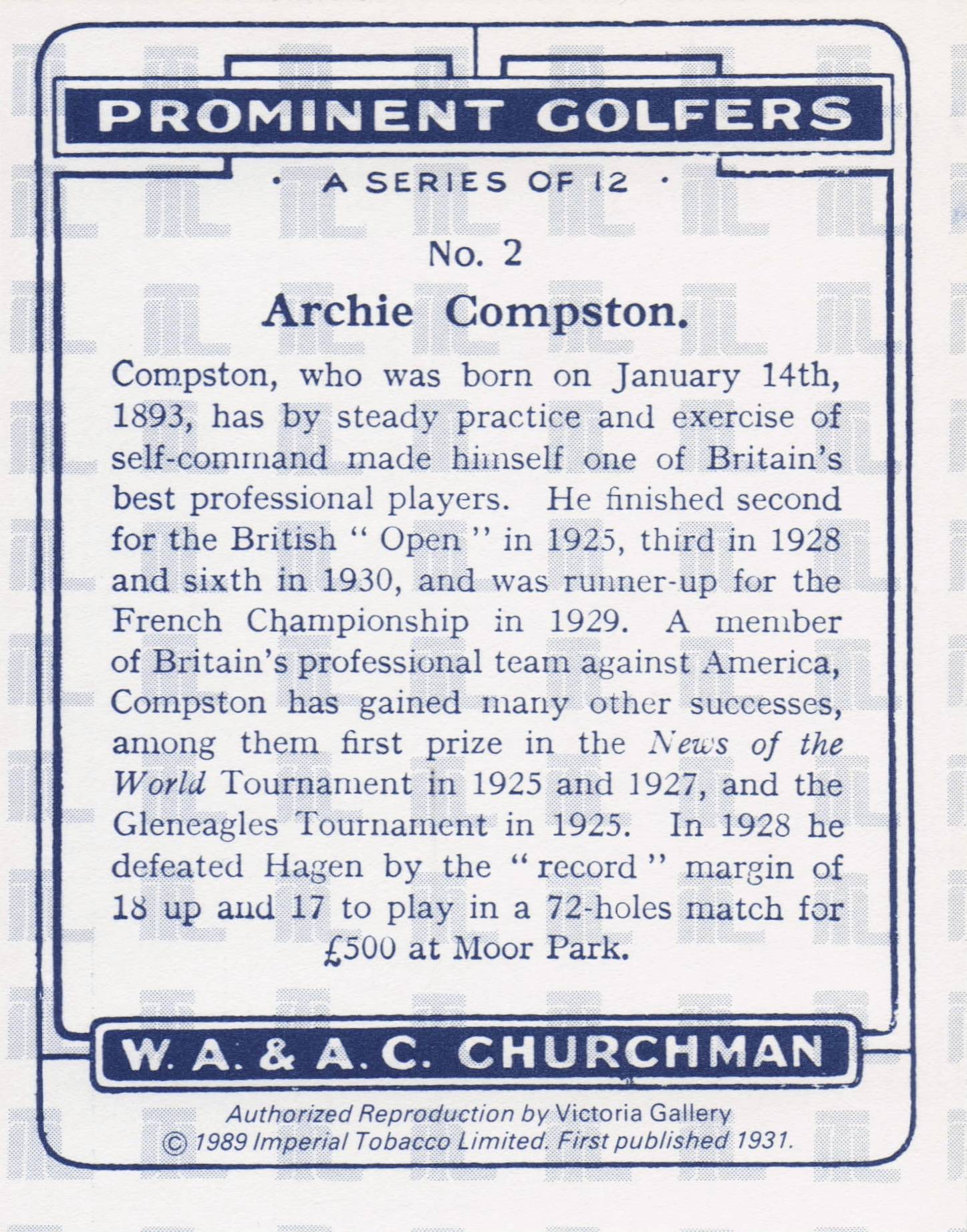 Archie Compston Golf Churchman Prominent Golfers Cigarette Card