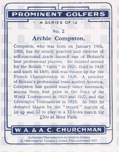 Archie Compston Golf Churchman Prominent Golfers Cigarette Card