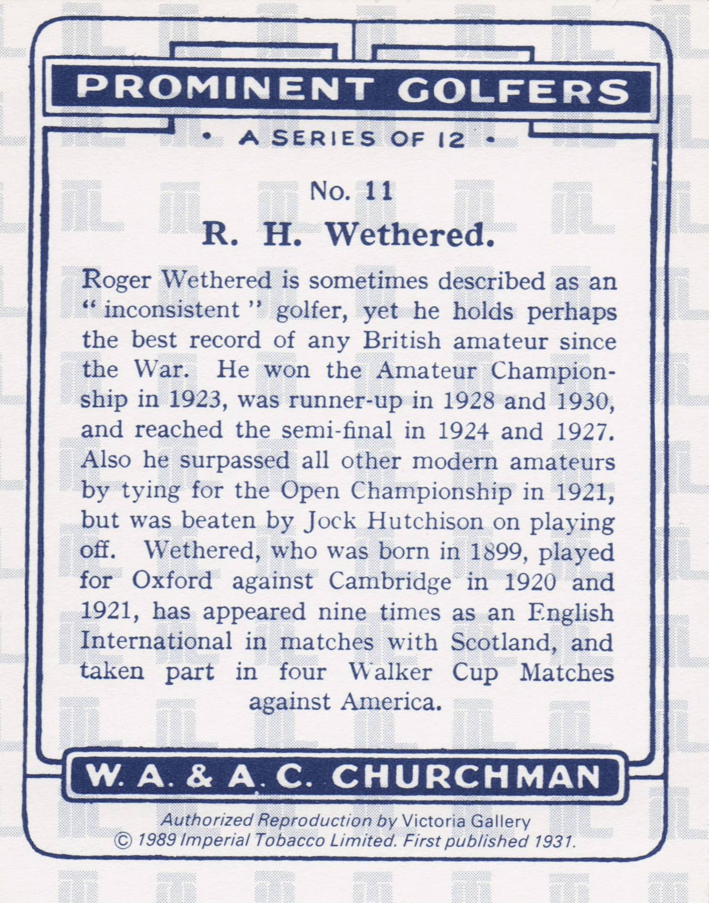 Roger Wethered Golf Churchman Prominent Golfers Cigarette Card