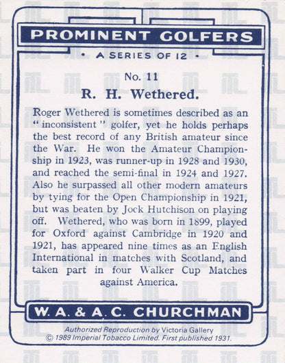 Roger Wethered Golf Churchman Prominent Golfers Cigarette Card