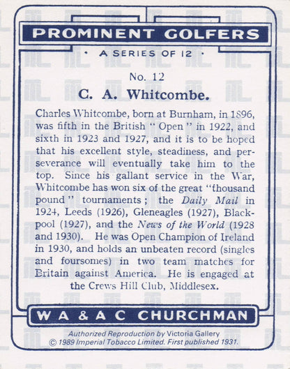 Charles Whitcombe Golf Churchman Prominent Golfers Cigarette Card