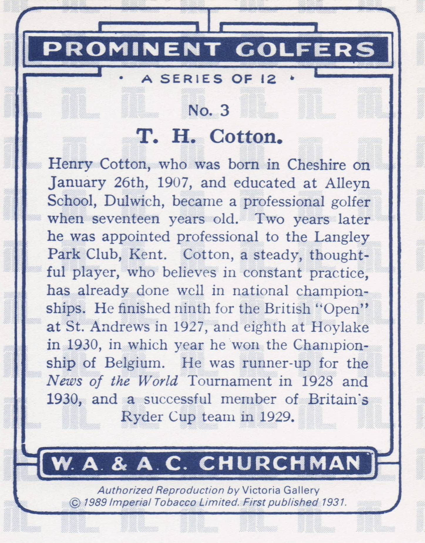 Henry Cotton Golf Churchman Prominent Golfers Cigarette Card
