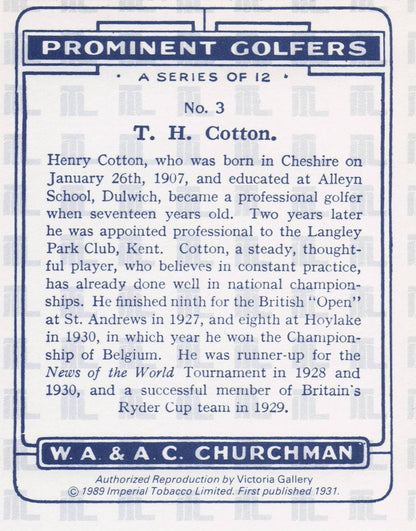 Henry Cotton Golf Churchman Prominent Golfers Cigarette Card