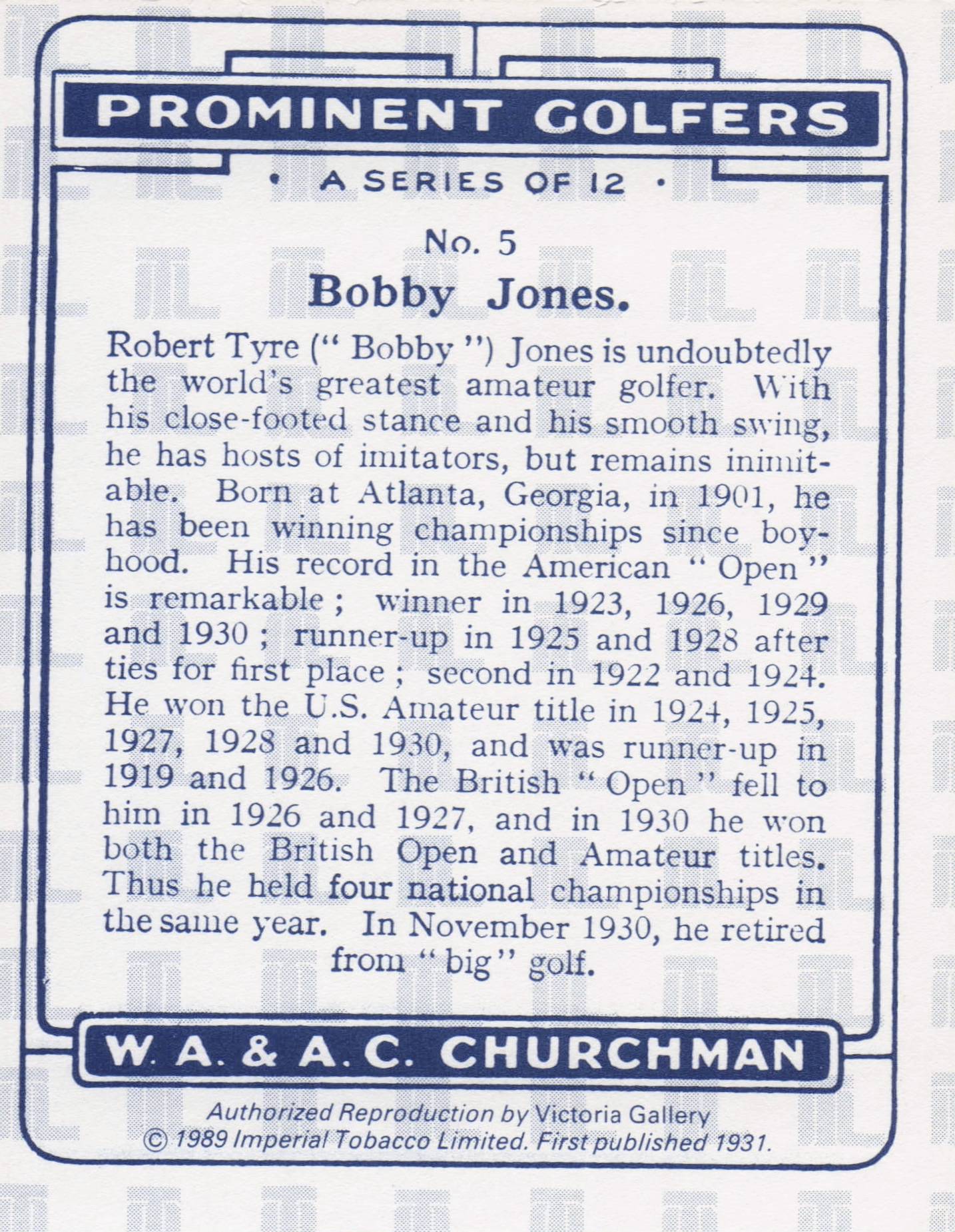 Bobby Jones Golf Churchman Prominent Golfers Cigarette Card