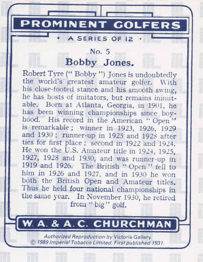 Bobby Jones Golf Churchman Prominent Golfers Cigarette Card
