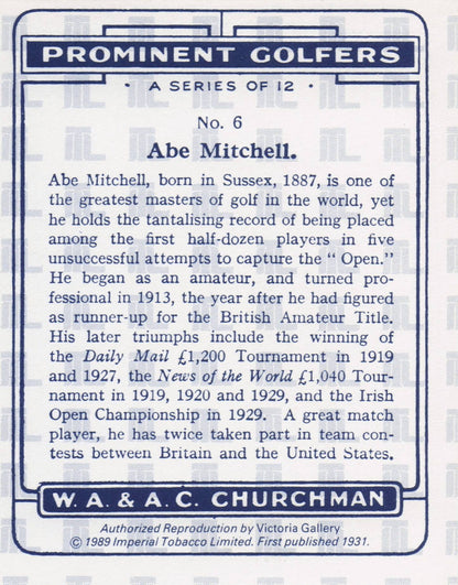 Abe Mitchell Golf Churchman Prominent Golfers Cigarette Card