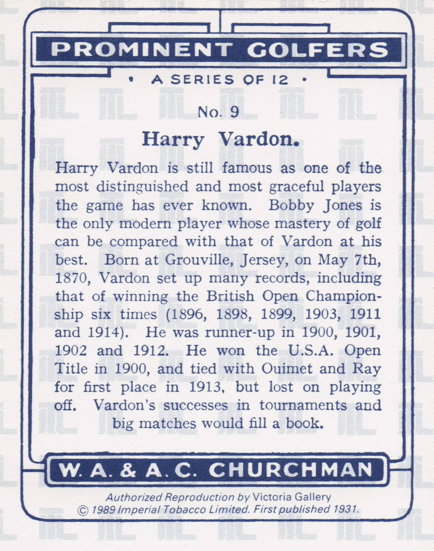 Harry Vardon Golf Churchman Prominent Golfers Cigarette Card