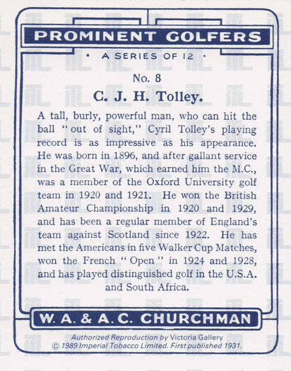 Cyril Tolley Golf Churchman Prominent Golfers Cigarette Card